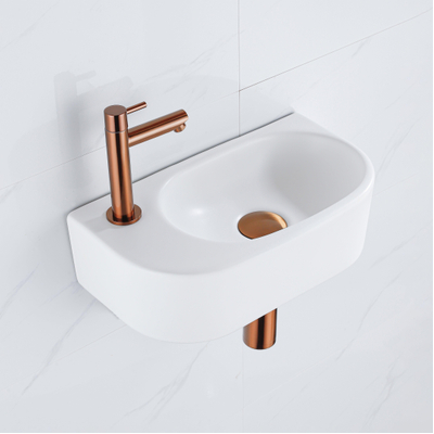 Fugaflow Efficiente Pietra Ensemble de fontaine - 40x21,5x12cm - gauche - lisse - demi-rond - 1 trou de robinet - céramique - robinet de fontaine cuivre brossé - bouchon de vidange - siphon abaissé - blanc brillant