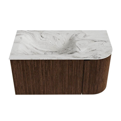 MONDIAZ KURVE-DLUX 85cm badmeubel met module 25 R kleur Walnut met 1 lade en 1 deur. Wastafel CLOUD links zonder kraangat kleur Glace.