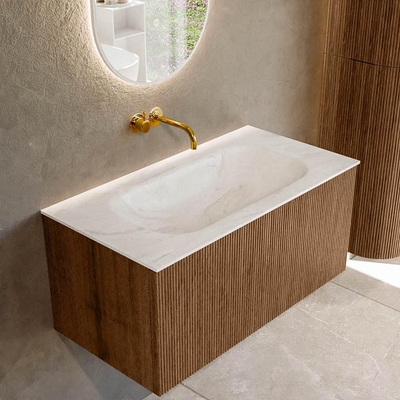 MONDIAZ KURVE-DLUX 90cm Meuble salle de bain - couleur Walnut - 1 tiroir - vasque BIG SMALL centre - sans trou de robinet - couleur Ostra