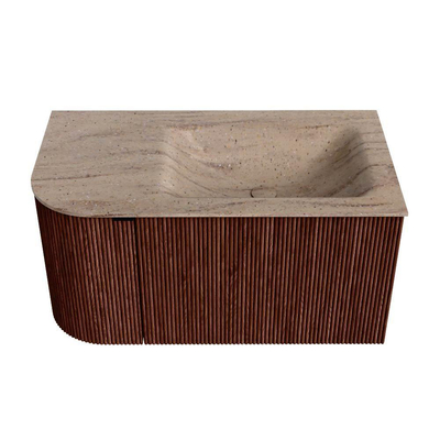 MONDIAZ KURVE-DLUX Meuble de salle de bains 85cm arrondi gauche couleur Ruby avec 1 tiroir et 1 porte. Lavabo CLOUD à droite sans trou de robinet Saba.