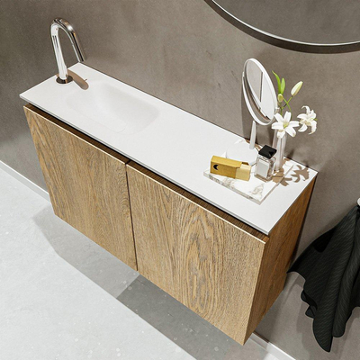 Mondiaz TURE Meuble lave-mains 80x23x50cm 1 trou de robinet 2 portes Washed oak mat Lavabo Eden Gauche Solid Surface Blanc