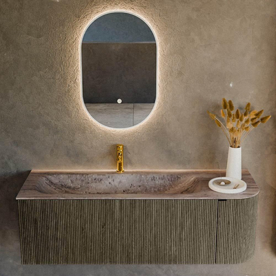 MONDIAZ KURVE-DLUX Meuble de salle de bains 135cm arrondi à droite couleur Shadow avec 1 tiroir et 1 porte. Plan-vasque BIG MEDIUM gauche 1 trou de robinet Oza.