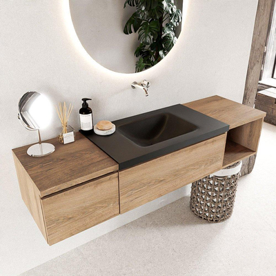 MONDIAZ BUKLA 160cm badmeubel met open module 40 rechts kleur Washed Oak met 2 lades. Wastafel CLOUD midden 0 kraangaten kleur Urban.