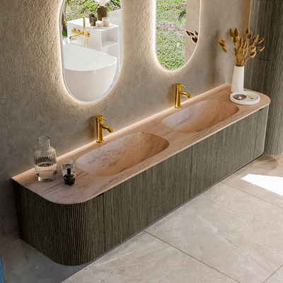 MONDIAZ KURVE-DLUX Meuble de salle de bains 200cm arrondi Gauche + Droite couleur Shadow avec 2 tiroirs et 2 portes. Lavabo STOR SMALL Double 2 trous de robinet Saba.