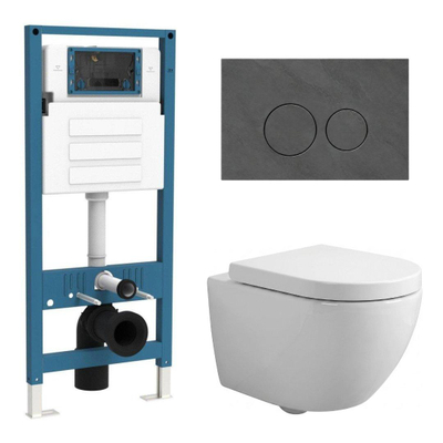 QeramiQ Dely Swirl Compact Ensemble WC - réservoir encastré QeramiQ flush - abattant 25 mm - plaque de commande en marbre foncé - boutons ronds - blanc brillant