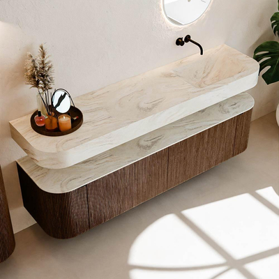 MONDIAZ THOR-DLUX 180cm badmeubel ronding links + rechts kleur Walnut met 2 lades en 2 deuren. Vrijhangende wastafel CLOUD Rechts zonder kraangat kleur Ostra.