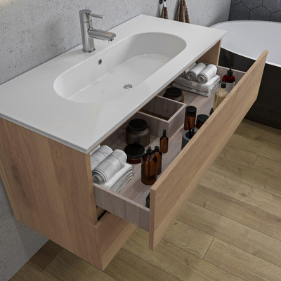 Saniclass Chaci Ensemble meuble de salle de bains - 100x46x55cm - lavabo en céramique blanc - 1 vasque ovale - 1 trou de robinet - 2 tiroirs - armoire de toilette - chêne