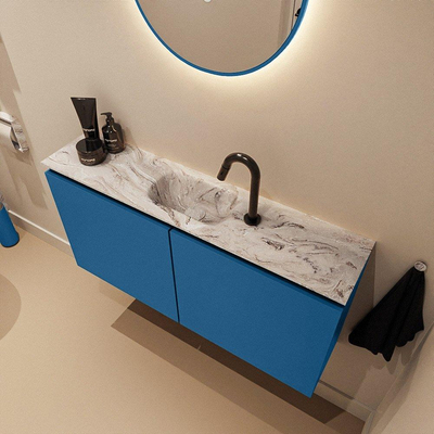 MONDIAZ TURE-DLUX Meuble toilette - 100cm - Jeans - EDEN - vasque Glace - position centrale - 1 trou de robinet