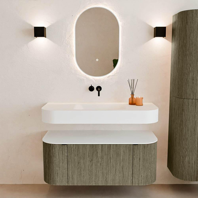 MONDIAZ THOR Meuble de salle de bains 110cm arrondi gauche + droite couleur Shadow avec 1 tiroir et 2 portes. Vasque suspendue CLOUD Milieu sans trou de robinet couleur Talc.