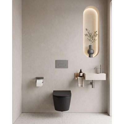 QeramiQ Dely Toiletset - 36.3x51.7cm - diepspoel - rimless - Geberit UP320 inbouwreservoir - softclose toilet zitting - 35mm - bedieningsplaat licht grijs - rechthoekige knoppen - mat zwart