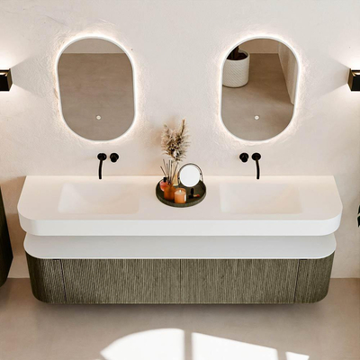 MONDIAZ THOR 200cm meuble de salle de bains arrondi gauche + droite couleur Shadow avec 2 tiroirs et 2 portes. Vasque suspendue CLOUD Double sans trou de robinet couleur Talc.