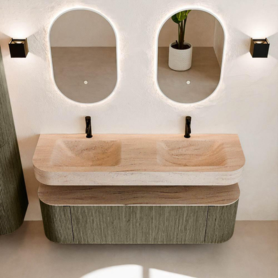 MONDIAZ THOR-DLUX 150cm meuble de salle de bains arrondi gauche + droite couleur Shadow avec 1 tiroir et 2 portes. Vasque suspendue CLOUD Double 2 trous de robinet couleur Saba.