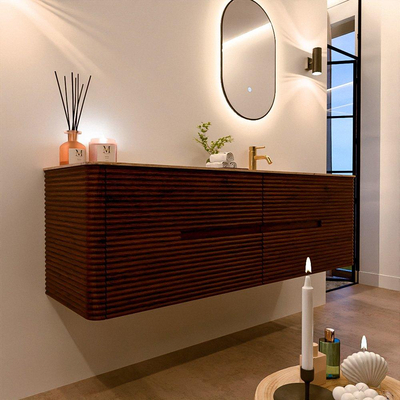 Mondiaz CIRO-DLUX Meuble de salle de bains - 160x45x50cm - Plan vasque Solid surface Arena - 1 bassin à droite - 1 trou de robinet - 4 tiroirs - Ruby