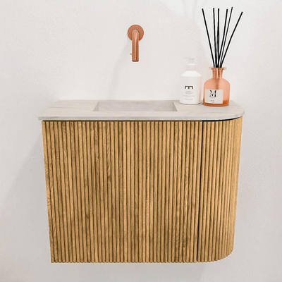 Mondiaz JOYA-DLUX 51.6cm toiletmeubel - ronding rechts kleur Oak - Wastafel FAYE positie Links Zonder kraangat kleur Ostra.