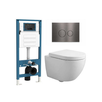QeramiQ Dely Swirl Compact Ensemble WC - réservoir encastré QeramiQ flush - abattant 25 mm - plaque de commande métallique gunmetal - boutons ronds - blanc brillant