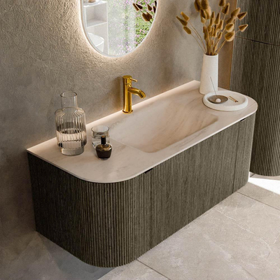 MONDIAZ KURVE-DLUX Meuble de salle de bains 110cm arrondi Gauche + Droite couleur Shadow avec 1 tiroir et 2 portes. Lavabo CLOUD Central 1 trou de robinet Meli.