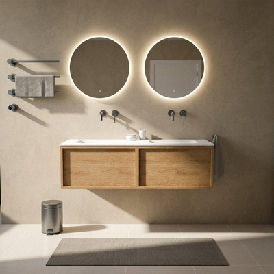 Saniclass Holz Frame Ensemble meuble de salle de bains - 140x45x41.5cm - lavabo Flow en solid surface blanc - 2 vasques - sans trous de robinetterie - 2 tiroirs - chêne naturel mat (bois)