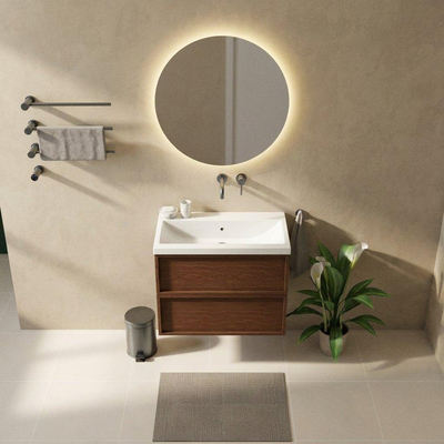 Saniclass Holz Frame Ensemble meuble de salle de bains - 80x45x63.5cm - lavabo Bari en céramique blanc - 1 vasque - sans trou de robinet - 2 tiroirs - walnut pure mat (bois)