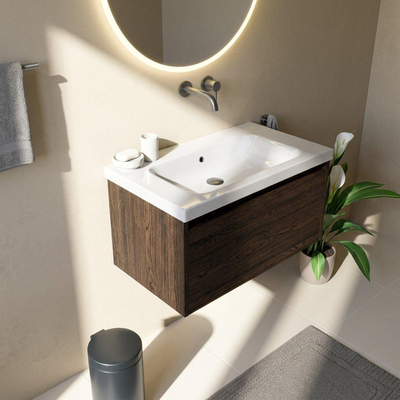 Saniclass Holz Frame Ensemble de meubles de salle de bains - 80x45x43.5cm - lavabo en céramique Palermo blanc - 1 vasque - sans trou de robinet - 1 tiroir - chêne charcoal mat (bois)