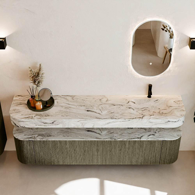 MONDIAZ THOR-DLUX 200cm meuble de salle de bains arrondi gauche + droite couleur Shadow avec 2 tiroirs et 2 portes. Vasque suspendue CLOUD Droite 1 trou de robinet couleur Glace.