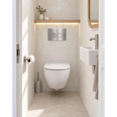 QeramiQ Dely Swirl Compact Toiletset - inbouwreservoir Geberit UP320 - met Burda frame - slim zitting - metalen bedieningsplaat RVS - ronde knoppen - mat wit