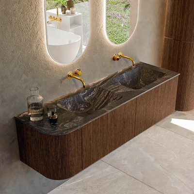 MONDIAZ KURVE-DLUX 155cm badmeubel met module 25 L kleur Walnut met 2 lades en 1 deur. Wastafel LEAF dubbel / rechts zonder kraangat kleur Lava.