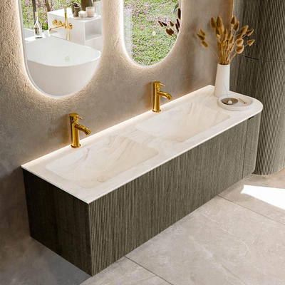 Mondiaz KURVE-DLUX Ensemble de meuble de salle de bains - 145x46x40cm - 1 tiroir - 1 porte - lavabo solid surface - double / gauche - 2 trous de robinet - Shadow