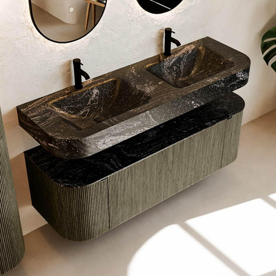 MONDIAZ THOR-DLUX 140cm meuble de salle de bains arrondi gauche + droite couleur Shadow avec 1 tiroir et 2 portes. Vasque suspendue CLOUD Double 2 trous de robinet couleur Lava.