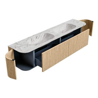 MONDIAZ KURVE-DLUX meuble de salle de bains 200cm avec module 25 Len R couleur Oak avec 2 tiroirs et 2 portes. Lavabo STOR SMALL double 2 trous de robinet couleur Glace.