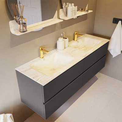 Mondiaz VICA-DLUX ensemble de meuble de salle de bain - 150cm - meuble sous-vasque gris foncé - 4 tiroirs - lavabo encastré cloud double - 2 trous de robinet - version haute de 60cm - ostra