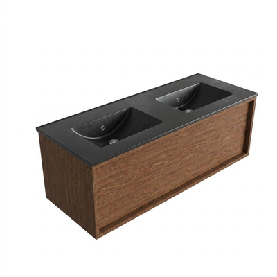 Saniclass Holz Frame Ensemble de meubles de salle de bains - 120x45x42cm - Vasque Vygo en céramique noire - 2 vasques - sans trous de robinetterie - 1 tiroir - noyer pure mat (bois)
