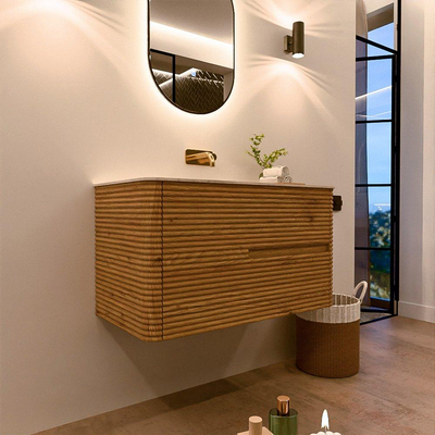 Mondiaz CIRO-DLUX Badkamermeubelset - 90x45x50cm - Solid surface wastafel Meli - 1 wasbak Midden - zonder kraangaten - 2 lades - Oak