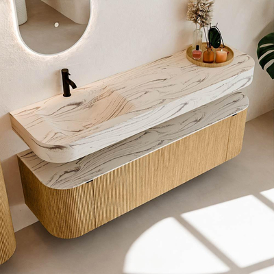 MONDIAZ THOR-DLUX 160cm badmeubel ronding links + rechts kleur Oak met 1 lade en 2 deuren. Vrijhangende wastafel CLOUD Links 1 kraangat kleur Nata.
