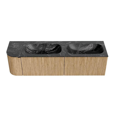 MONDIAZ KURVE-DLUX 165cm badmeubel met module 25 L kleur Oak met 2 lades en 1 deur. Wastafel STOR SMALL dubbel / rechts 2 kraangaten kleur Lava.