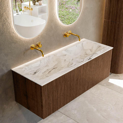 MONDIAZ KURVE-DLUX Meuble de salle de bains 120 cm couleur Walnut avec 1 tiroir. Lavabo LEAF double sans trou de robinet couleur Glace.