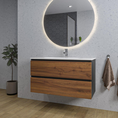 Adema Industrial 2.0 Ensemble de meuble 100x45x55cm avec vasque blanche en céramique 1 trou de robinet et miroir bois/noir