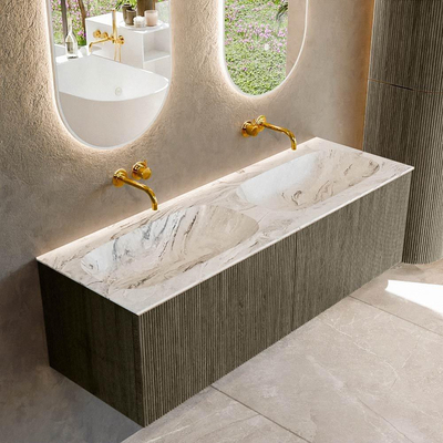Mondiaz KURVE-DLUX Ensemble de meuble salle de bain - 140x46x40cm - 2 tiroirs - lavabo en solid surface - double - sans trou de robinet - Shadow