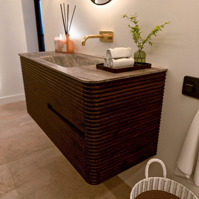 Mondiaz CIRO-DLUX Badkamermeubelset - 110x45x50cm - Solid surface wastafel Oza - 1 wasbak Midden - zonder kraangaten - 2 lades - Walnut