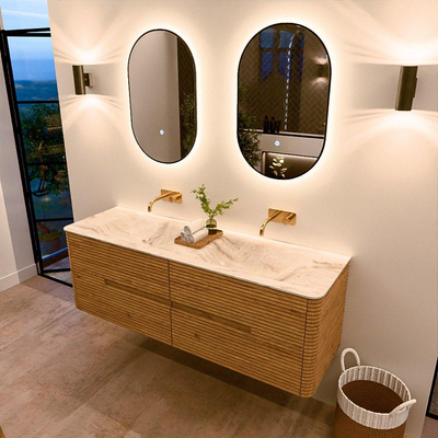 Mondiaz CIRO-DLUX Ensemble de meubles de salle de bains - 150x45x50cm - plan vasque solid surface Frappe - 2 vasques double - sans trous de robinetterie - 4 tiroirs - Chêne