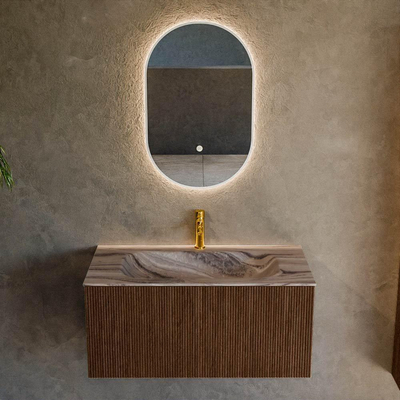 MONDIAZ KURVE-DLUX 90cm badmeubel kleur Walnut met 1 lade en 0 deuren. Wastafel BIG SMALL Midden 1 kraangat Sombra.