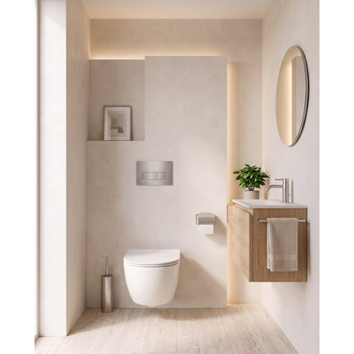 QeramiQ Dely Swirl Compact Toiletset - inbouwreservoir Geberit UP320 - met Burda frame - slim zitting - metalen bedieningsplaat RVS - rechthoekige knoppen - glans wit