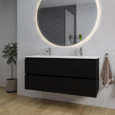 Saniclass Chaci Ensemble meuble de salle de bains - 120x46x55cm - lavabo en céramique blanc - 2 vasques - 2 trous de robinetterie - 2 tiroirs - miroir rond avec éclairage - noir mat