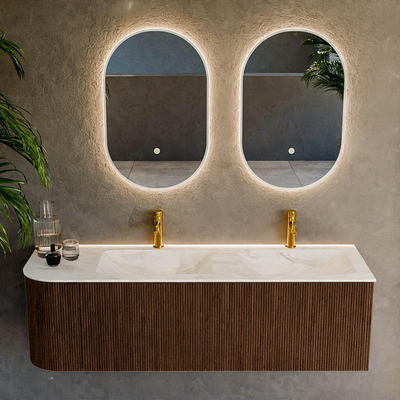 MONDIAZ KURVE-DLUX Meuble de salle de bains 145 cm avec module 25 L couleur Walnut avec 1 tiroir et 1 porte. Lavabo LEAF double / à droite 2 trous de robinet couleur Ostra.