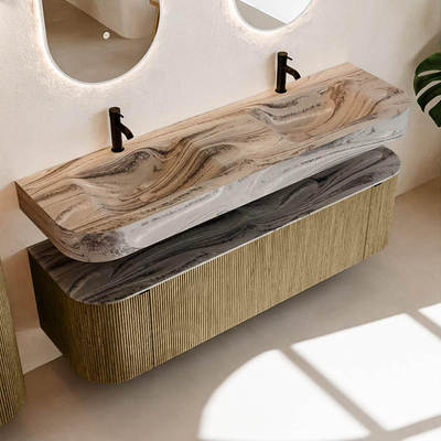 MONDIAZ THOR-DLUX 160cm meuble de salle de bains arrondi gauche + droite couleur Dusk avec 1 tiroir et 2 portes. Vasque suspendue CLOUD Double 2 trous de robinet couleur Sombra.