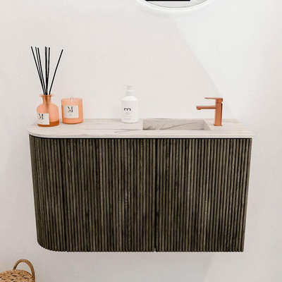 Mondiaz JOYA-DLUX Meuble de toilette 71,6cm - arrondi gauche couleur Shadow - Lavabo FAYE position droite 1 trou de robinet couleur Nata