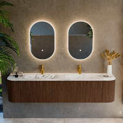 MONDIAZ KURVE-DLUX 190cm Meuble salle de bain avec module 25 G et D - couleur Walnut - 2 tiroirs - 2 portes - vasque STOR SMALL double - 2 trous de robinet - couleur Glace