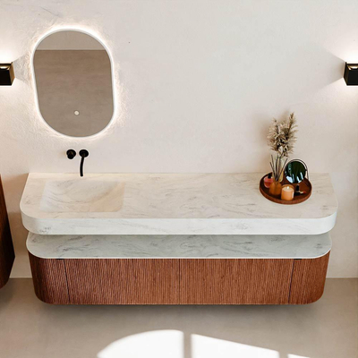 MONDIAZ THOR-DLUX Meuble de salle de bains - 190cm - arrondi gauche + droite - couleur Ruby - 2 tiroirs - 2 portes - Vasque suspendue CLOUD Gauche sans trou de robinet - couleur Opalo