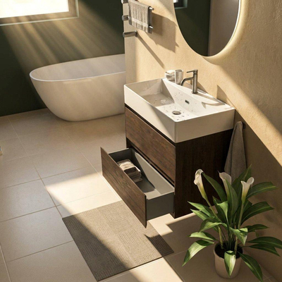 Saniclass Holz Pure Ensemble meuble de salle de bains - 80x45x72cm - Legend lavabo en céramique blanc - 1 vasque - 1 trou de robinetterie - 2 tiroirs - chêne charcoal mat (bois)