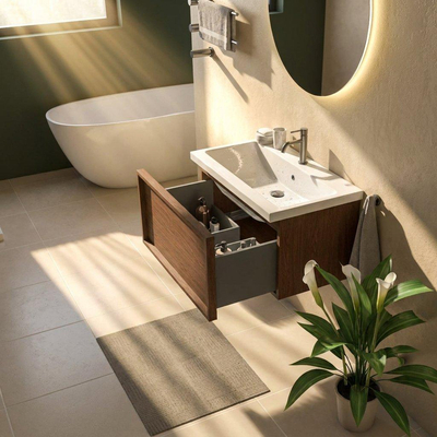 Saniclass Holz Frame Ensemble meuble de salle de bains - 80x45x43.5cm - Bari lavabo en céramique blanc - 1 vasque - 1 trou de robinet - 1 tiroir - noyer pure mat (bois)