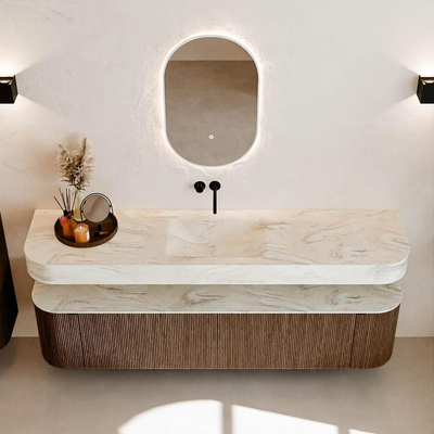 MONDIAZ THOR-DLUX 190cm meuble de salle de bains arrondi gauche + droite couleur Walnut avec 2 tiroirs et 2 portes. Vasque suspendue CLOUD Milieu sans trou de robinet couleur Ostra.